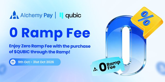 A promotional banner for Alchemy Pay and Qubic announcing '0 Ramp Fee' with the purchase of $QUBIC, valid from 9th Oct - 31st Oct 2026.