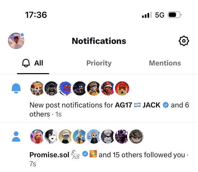 A Facebook notifications screen showing the user has received new post notifications from accounts including "AG17" and "JACK," as well as a follow from "Promise.sol" and 15 others, which relates to the post tagging @sol_promise.