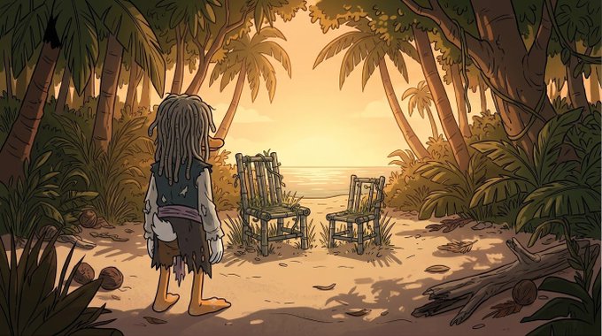 A cartoon-style illustration depicts a person with dreadlocks standing on a tropical beach facing two empty bamboo chairs looking out at the ocean sunset.