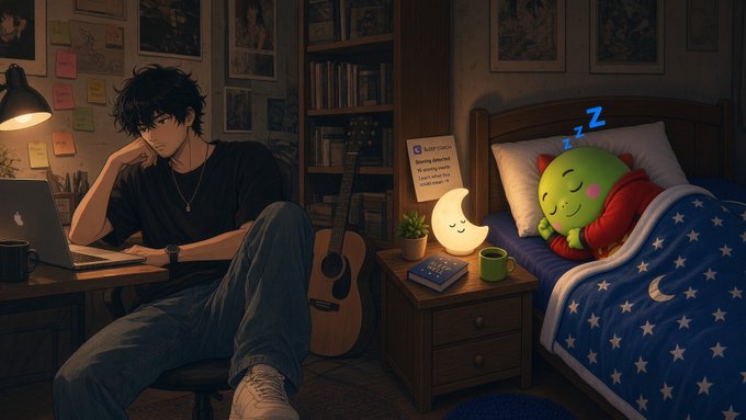 An illustrated anime-style scene showing a young man with messy black hair working on a laptop in a dimly lit room while a green alien-like creature sleeps in a nearby bed.