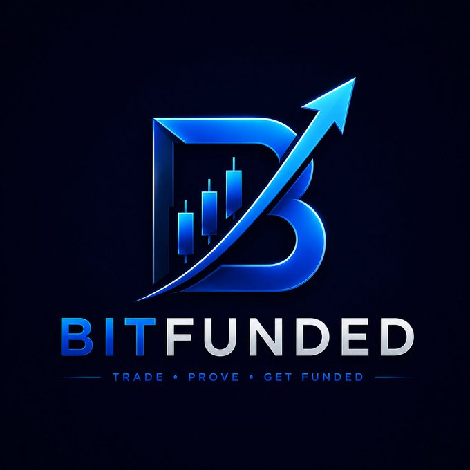 A logo for 'BITFUNDED' featuring a stylized blue 'B' with an upward arrow and candlestick chart inside, with the tagline 'TRADE • PROVE • GET FUNDED' on a dark background.