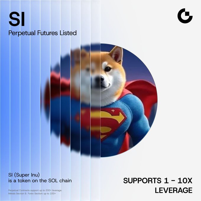 A promotional graphic for the Gate Futures listing of $SI (Super Inu), a Solana-chain token, features a Superman-themed Shiba Inu dog alongside text highlighting "Perpetual Futures Listed," "SUPPORTS 1 – 10X LEVERAGE," and support for perpetual contracts with up to 200x leverage on metals and forex sections.
