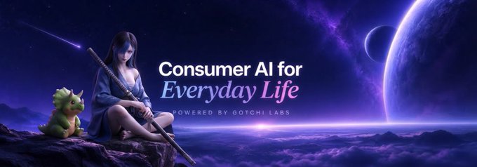 A banner advertisement reading 'Consumer AI for Everyday Life' powered by Gotchi Labs, featuring an anime-style character with a dragon companion against a purple cosmic background.