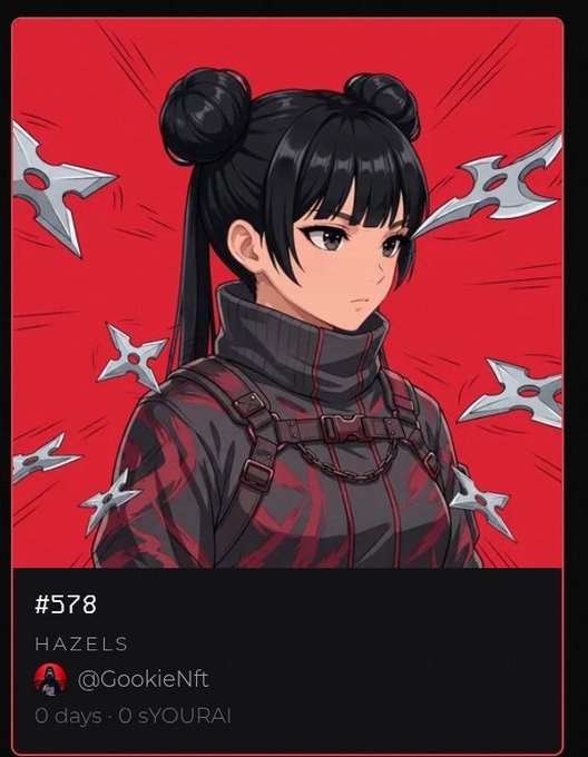 An anime-style NFT artwork featuring a girl with black hair in double buns wearing a dark outfit against a red background with thrown shurikens, labeled '#578 HAZELS @GookieNft'.