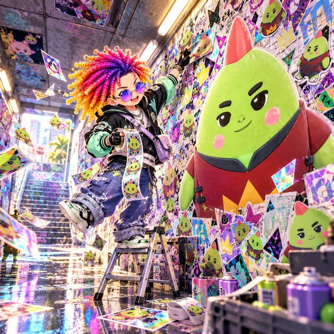 A vibrant digital illustration shows a character with colorful dreadlocks and sunglasses standing on a ladder, surrounded by walls plastered with stickers of a green cat-like character.