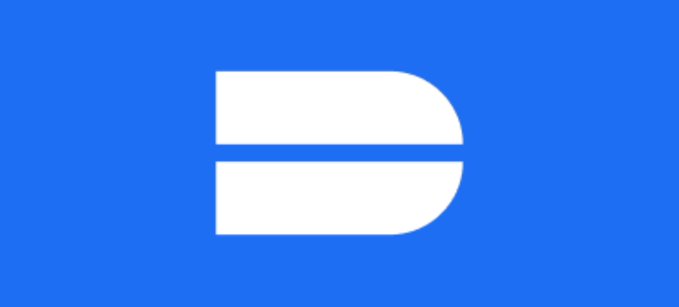 A blue square graphic featuring a stylized white letter 'D' logo.