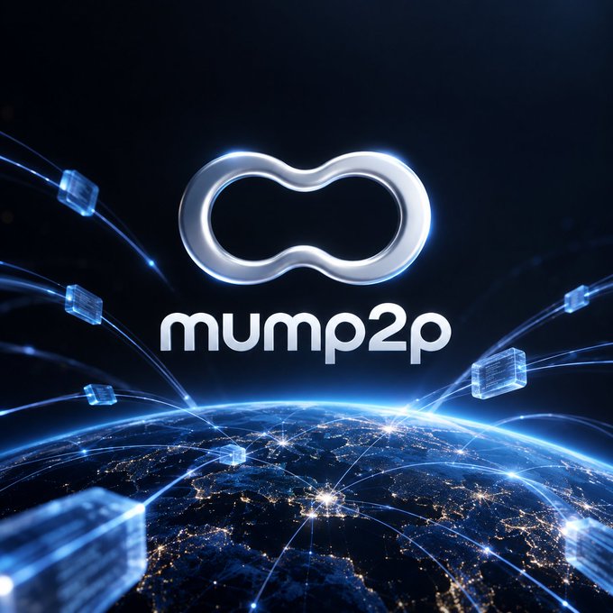 A futuristic digital illustration displaying the 'mump2p' logo above a glowing Earth, surrounded by interconnected blue data nodes and lines.