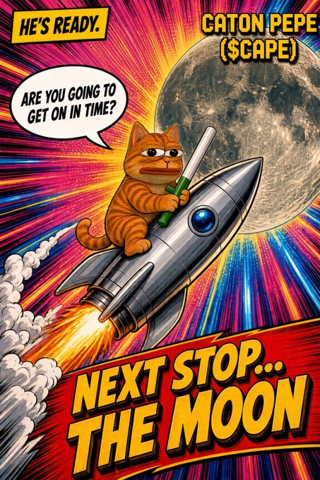 Vibrant comic-style illustration featuring an orange cat in a spacesuit riding a rocket toward the moon, with text bubbles reading 'HE'S READY.' and 'ARE YOU GOING TO GET ON IN TIME?' and the title 'CATON PEPE ($CAPE) NEXT STOP... THE MOON'.