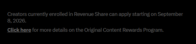 An informational message states that creators enrolled in Revenue Share can apply starting on September 8, 2026.