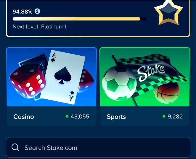 The image shows a Stake.com VIP progress dashboard at 94.88% toward Platinum I status, with separate activity counters showing 43,055 for Casino and 9,282 for Sports, along with a search bar. It relates to the post by displaying how close the user is to reaching the Platinum I VIP tier to claim a bonus, after which they plan to relax.
