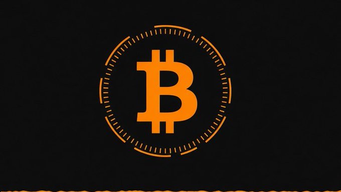 A large orange Bitcoin “₿” symbol is surrounded by a circular technical-style ring on a black background.