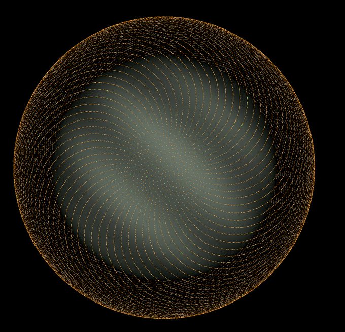 A glowing orange spiral pattern forms a spherical, orb-like shape against a black background, resembling a celestial body or swirling galaxy. The image evokes the sense of a mysterious, newly discovered "world" with its luminous, dynamic curves radiating from a central bright core.