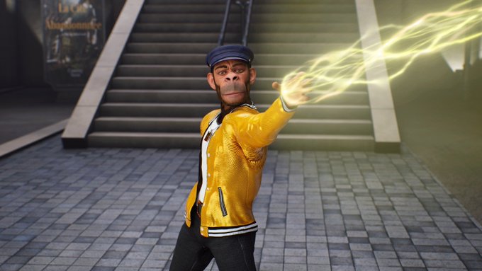 A 3D-rendered monkey character wearing a yellow jacket and blue cap, standing on steps and projecting a glowing yellow energy beam from its hand.