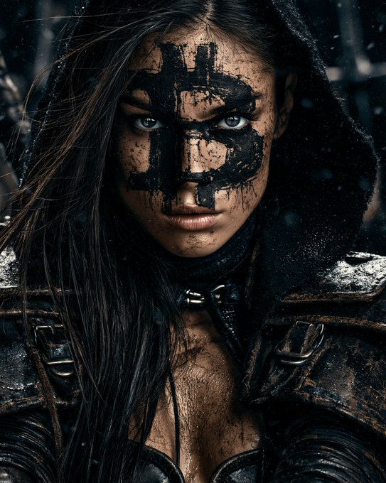 A portrait of a hooded female warrior with a black cross painted across her face and weathered leather armor.