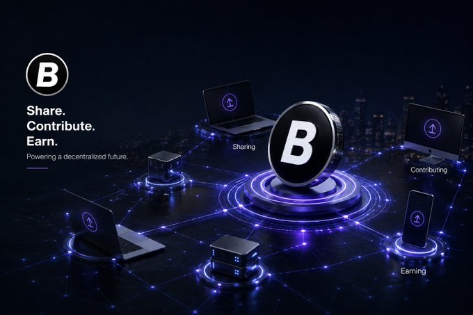A promotional graphic features a central 'B' coin with the text 'Share. Contribute. Earn. Powering a decentralized future' alongside connected devices labeled 'Sharing', 'Contributing', and 'Earning'.