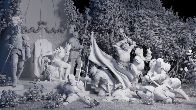 A monochromatic, sculpted or 3D-rendered scene depicts a medieval setting with armored figures, a seated crowned figure, and fallen warriors scattered on the ground amidst foliage.