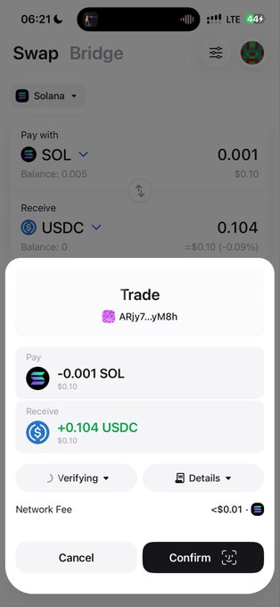 A mobile cryptocurrency trading app interface showing a Swap/Bridge screen for swapping 0.001 SOL for 0.104 USDC on the Solana network, with a 'Confirm' button at the bottom.