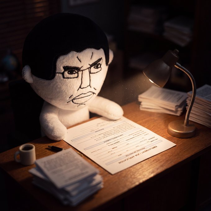 A 3D render or plush figure depicting a stylized, stern-looking man with black hair and glasses sitting at a wooden desk, illuminated by a desk lamp, with papers and a small camera before him.