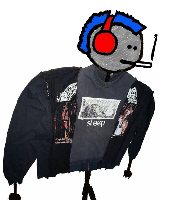A digital illustration of a cartoonish gray character with blue hair, a red eye, and a cigarette, wearing a black jacket over a gray shirt that says 'sleep' with a classic engraving graphic.