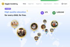 A Google Academy webpage screenshot featuring a world map with location pins, showing metrics of 179 courses and 1,000,040 users under the heading "high-quality education for every child, for free."