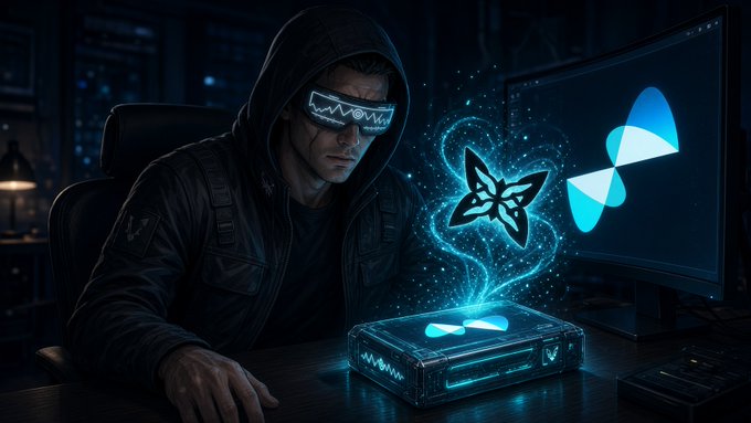 Digital artwork of a hooded figure wearing glowing visor glasses sitting at a computer desk, with glowing blue butterfly symbols hovering above a device.