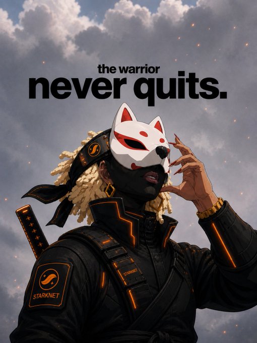 Motivational graphic featuring a figure in a fox mask and dark outfit with orange accents, labeled 'STARKNET' on the patch, with the text 'the warrior never quits' above against a cloudy sky.