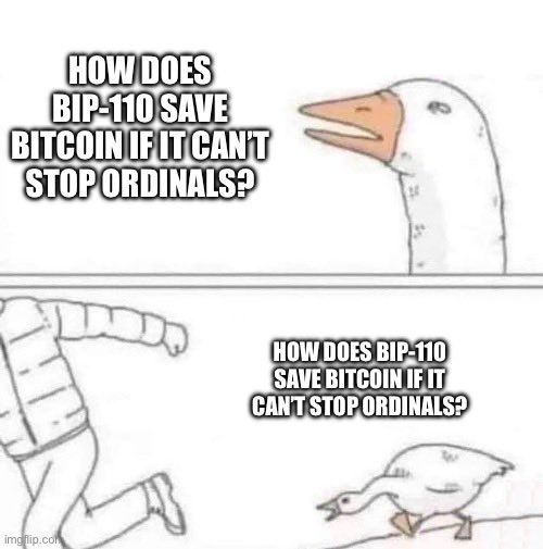 A two-panel meme with a goose asking 'HOW DOES BIP-110 SAVE BITCOIN IF IT CAN'T STOP ORDINALS?' and a person chasing the goose in the second panel repeating the same question.