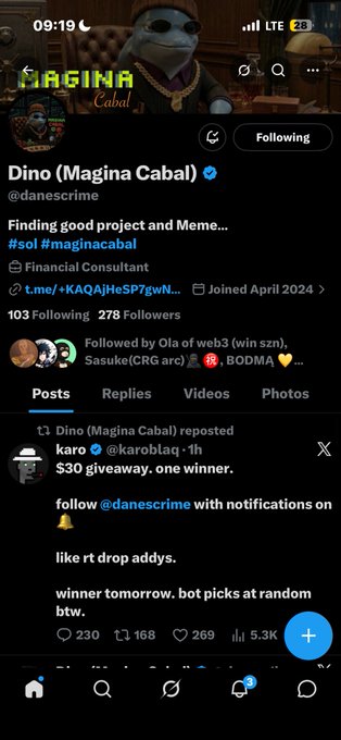 X/Twitter profile for Dino (Magina Cabal) @danescrime, a Financial Consultant, showing a reposted giveaway post offering $30 to one winner.