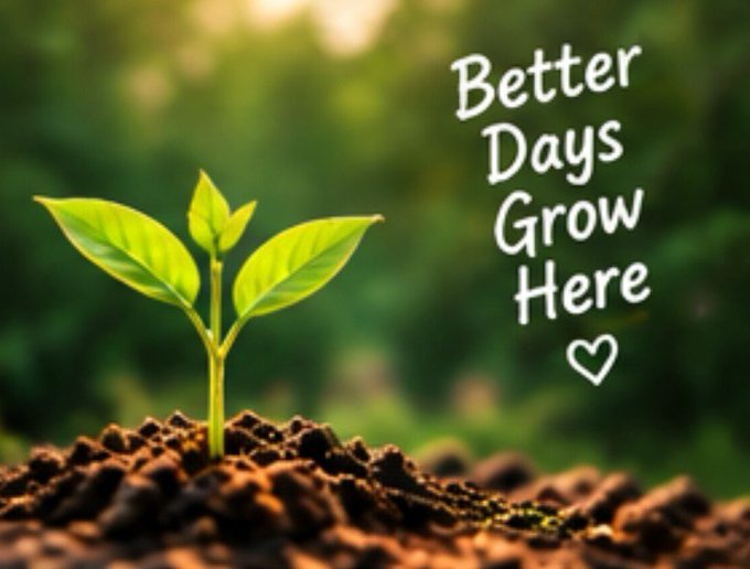 A young green sprout emerges from brown soil with the text 'Better Days Grow Here ♡' displayed on the right side.
