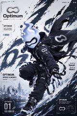 A promotional poster or app screen for 'Optimum' featuring a dynamic character in a hooded outfit wielding chains against a blue-toned city background.