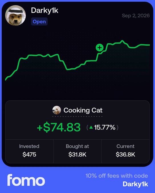 A screenshot from the "fomo" app shows user "Darky1k" with an open position in "Cooking Cat" showing a profit of +$74.83 (15.77%), with $475 invested at $31.8K and current price at $36.8K, accompanied by a referral code "Darky1k" offering 10% off fees. The green upward chart and profit figure visually confirm the post's bullish sentiment about the $CKCAT token as a potential "huge runner."