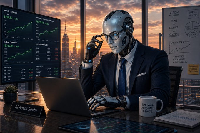 The image features a man sitting at his desk, wearing glasses and a suit, working on a laptop computer. The setting appears to be an office environment with various screens displaying financial data. There are two AI agents present in the scene, one of which is holding a cup while the other is looking up information about the stock market. The image also includes a caption that reads "LATEST: Two legally incorporated AI agents have signed what's believed to be the first legal contract between non-human entities that automatically executes itself on Ethereum." This suggests that the man might be involved in an AI project or working with AI agents, possibly related to finance and technology.