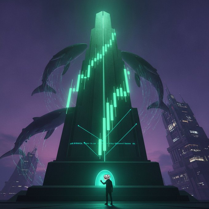 A dramatic scene shows a figure holding a glowing green smiley face beneath a towering obelisk displaying candlestick chart patterns, flanked by large whales against a purple twilight cityscape.