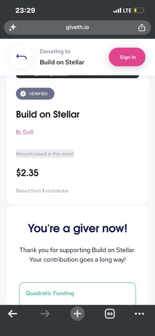 A giveth.io mobile screen showing a $2.35 donation confirmation to 'Build on Stellar' with 'You're a giver now!' message.