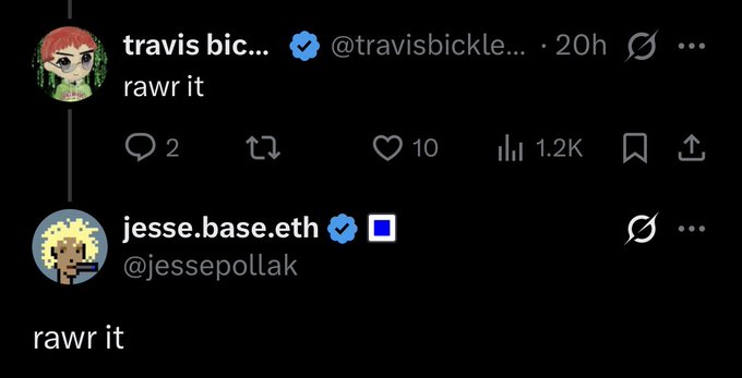 A screenshot of a social media exchange where user @travisbickle... posts "rawr it" and Jesse Pollak (@jessepollak, jesse.base.eth) replies with "rawr it", showing 1.2K views and 10 likes.