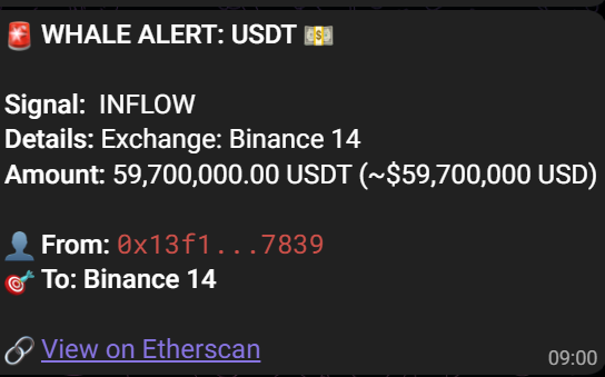 A Whale Alert notification showing a $59,700,000 USDT inflow signal transferred from address 0x13f1...7839 to Binance 14, with a link to view on Etherscan.