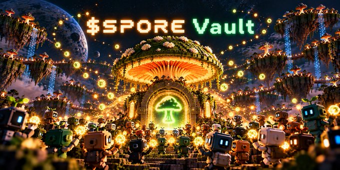 A vibrant digital artwork titled '$SPORE Vault' depicting a glowing mushroom-shaped vault surrounded by floating robot characters and glowing spores in a fantastical cosmic setting.