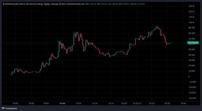 A TradingView candlestick chart for BLUEWHALE/USD shows price action between roughly 14:45 and 15:40, with the current price at 62,719.52 marking a +1.60% gain.