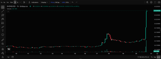 A TradingView chart showing the price of SHIBWIFUSD/SHIB (birdayle.sol) on a 1-hour timeframe, with volume at 58.15k and a current price of 0.024008.