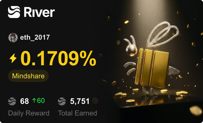 The image features a poster for a website called "River", which appears to be related to cryptocurrency or digital currency, as indicated by the text "@River4Fun @RiverdotInc". The poster also displays some information about the user's mindshare and rewards earned on the site.