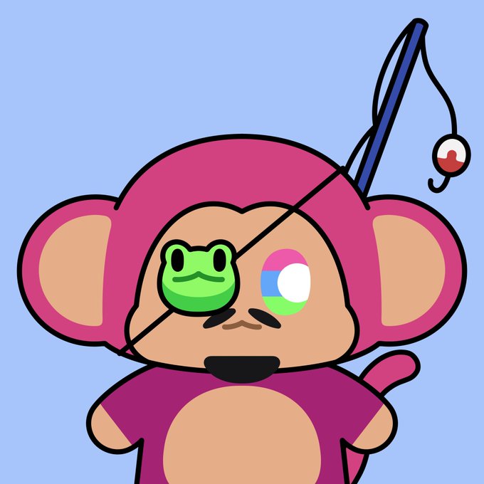 Illustration of a cartoon monkey character wearing a pink hood with frog and balloon/pill eyes, holding a fishing rod.