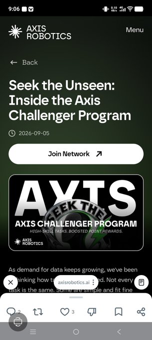 A mobile screenshot of an article on the Axis Robotics website titled 'Seek the Unseen: Inside the Axis Challenger Program' dated 2026-09-05, featuring a 'Join Network' button.