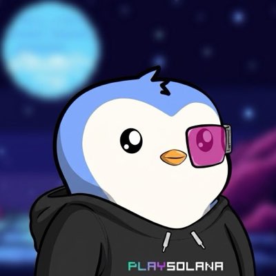 A cartoon penguin wearing a black hoodie with "PLAYSOLANA" written on it, featuring a pink phone-like device over one eye, set against a moonlit night background.