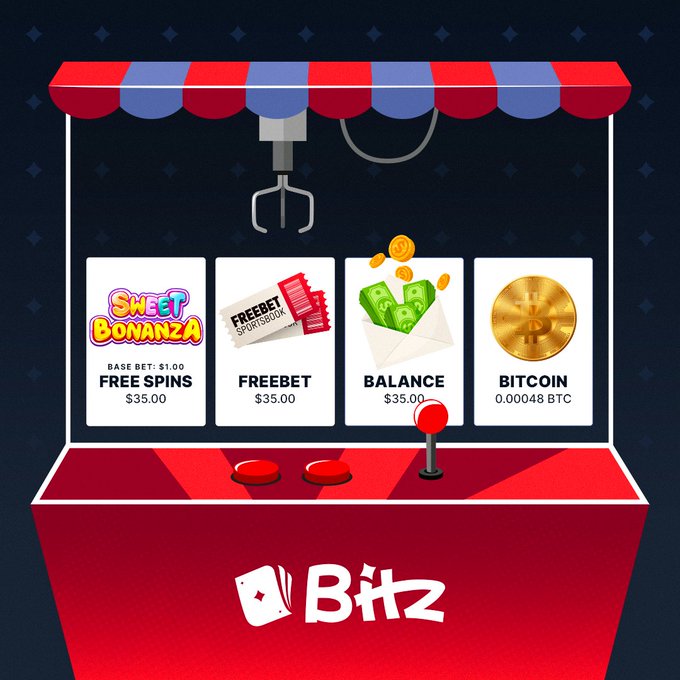 A digital claw machine graphic branded 'Blitz' displays four prize options: 'SWEET BONANZA' free spins valued at $35.00, a 'FREEBET' sportsbook ticket valued at $35.00, a 'BALANCE' of $35.00, and 'BITCOIN' valued at 0.00048 BTC.