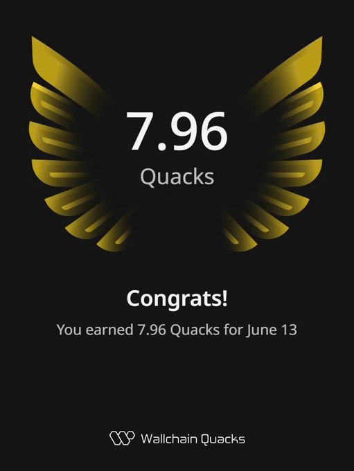 The image features an advertisement for Quacks, which is a cryptocurrency. The text of the advertisement reads "congrats! You earned 7.96 quacks for June 13", indicating that someone has won Quacks as a prize or achieved something related to cryptocurrency.