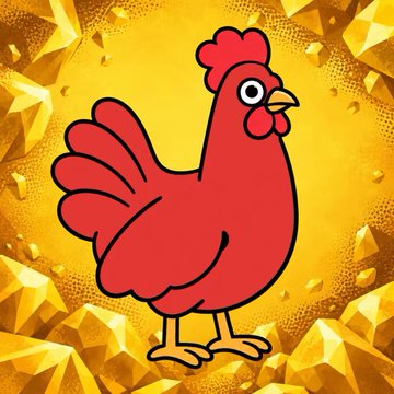 An illustration of a red cartoon chicken standing against a shiny golden background with crystal-like shapes.