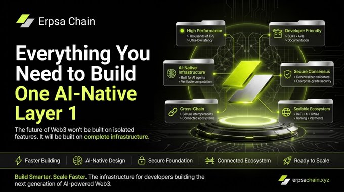 The image is a promotional banner for **Erpsa Chain**, headlined "Everything You Need to Build One AI-Native Layer 1," highlighting features like high performance (thousands of TPS, ultra-low latency), developer-friendly SDKs/APIs, AI-native infrastructure, secure consensus, cross-chain interoperability, and a scalable ecosystem (DeFi, AI, RWAs, gaming) at erpsachain.xyz. It visually reinforces the post's message by positioning Erpsa Chain as complete, developer-focused infrastructure rather than just a benchmark-driven Layer 1.