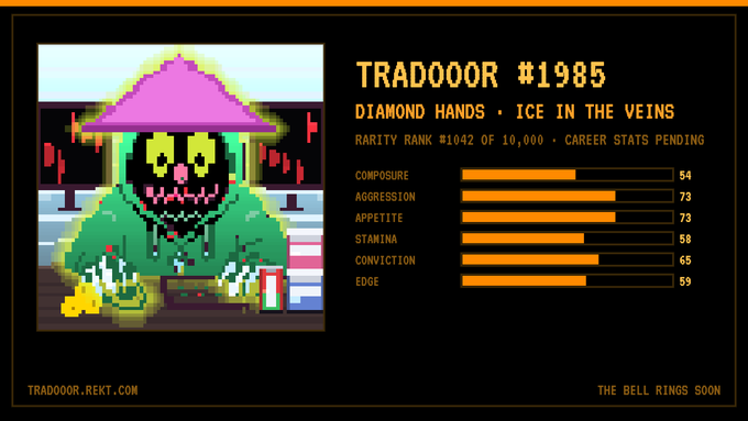 A pixel-art character card titled 'TRADOOM #1985' with the subtitle 'DIAMOND HANDS · ICE IN THE VEINS' shows a grim-reaper-like figure wearing a pink conical hat. Stats include Composure 54, Aggression 73, Appetite 73, Stamina 58, Conviction 65, and Edge 59, with 'TRAOOOR.REKT.COM' at the bottom.