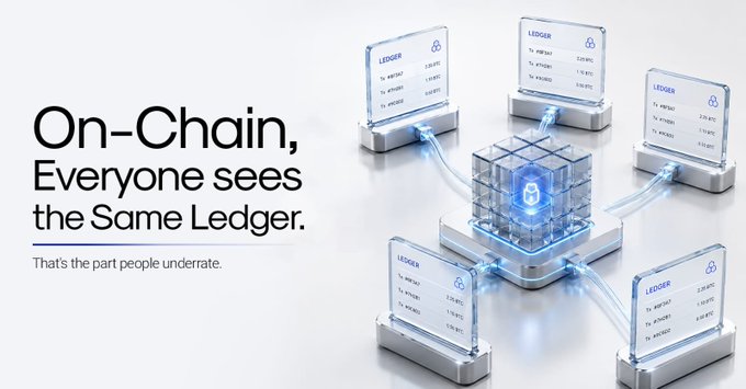 A digital marketing graphic with the headline 'On-Chain, Everyone sees the Same Ledger. That's the part people underrate,' showing ledger screens connected to a central blockchain cube.