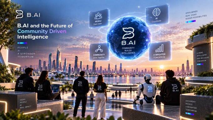 A futuristic digital illustration titled 'B.AI and the Future of Community Driven Intelligence,' showing people and a robot looking at a holographic globe featuring features like 'Open Mind,' 'AI Coordinate,' and 'Community Grow Together' against a city skyline.